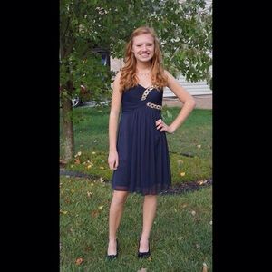 Strapless dark blue party dress